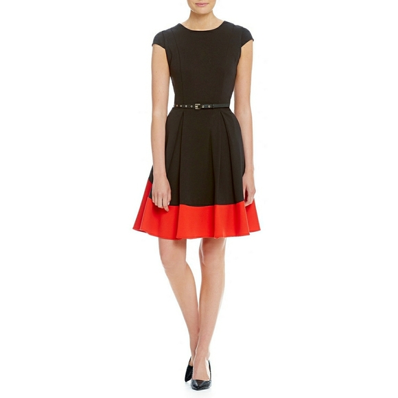 π CALVIN KLEIN Belted Colorblock Fit Flare Dress - Picture 4 of 6